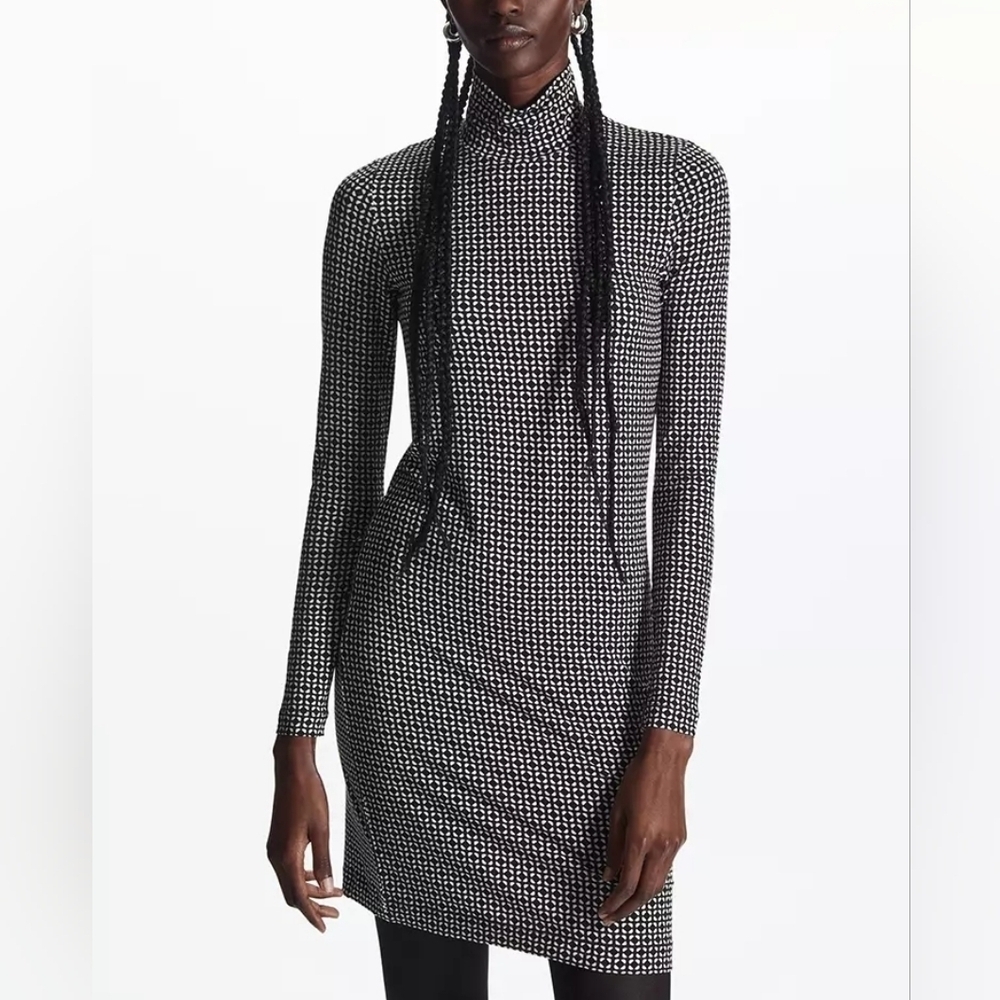 COS NWT Printed Roll-Neck Mini Long Sleeve Dress Geometric Print Size Small